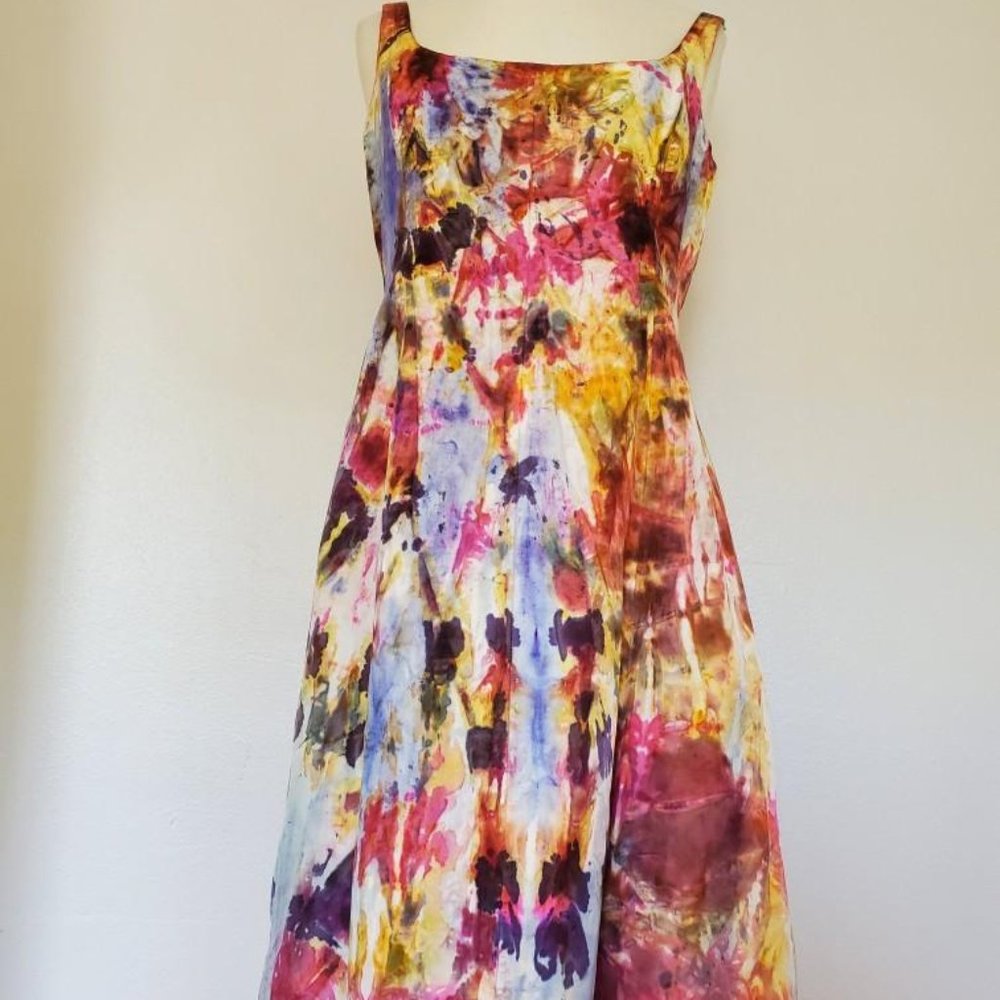 Silk Short Dress 8 10 12 bridesmaid party prom tie dyed rainbow red yellow black